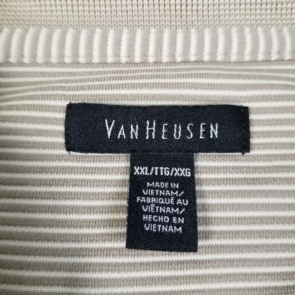 Van Heusen Polo Shirt Mens XXL 2XL Beige White Striped Short Sleeve Stretch Rib - Picture 6 of 12